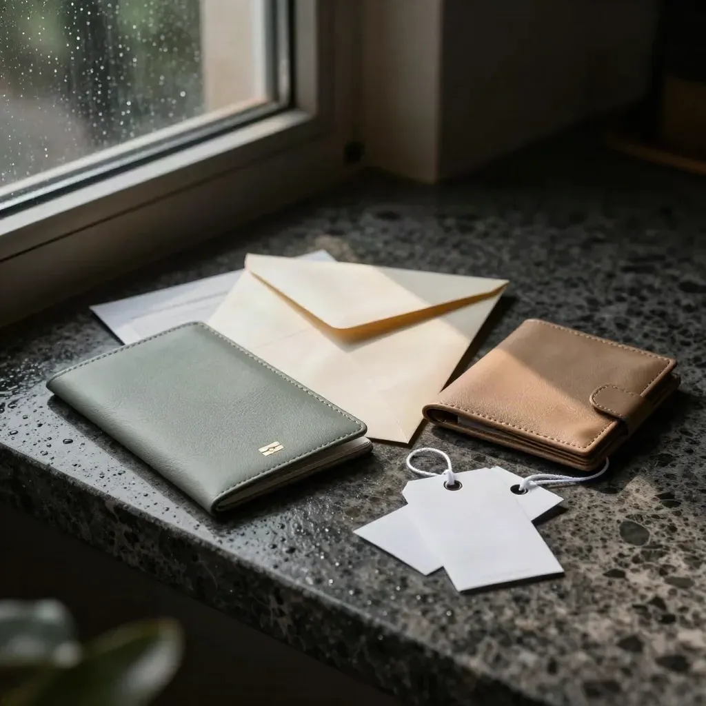 Kit per visti e viaggio su travertino bagnato, luce cinematografica, spazio calmo a destra