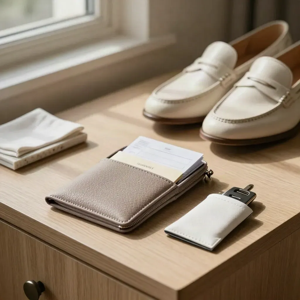 Kit da viaggio per visto turistico accanto a scarpe ordinate, su una consolle d'hotel luminosa.