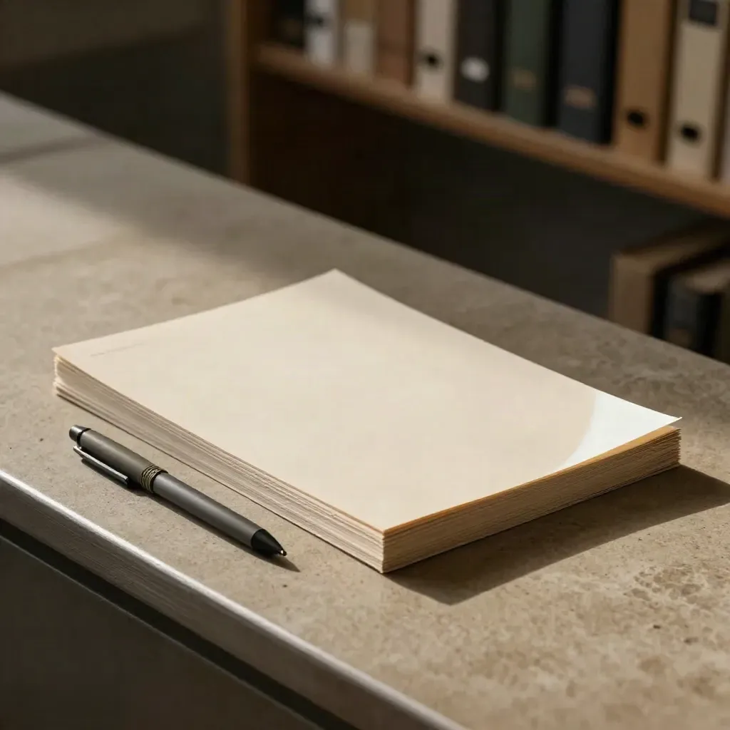 Fascicolo documenti, fogli e penna su piano in pietra, luce cinematografica radente.