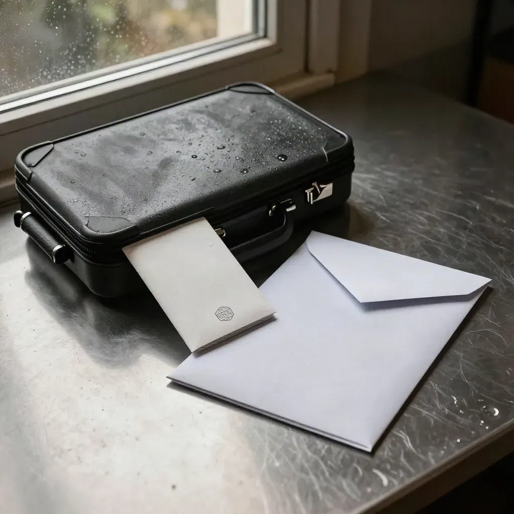 Set per rinnovo visto Londra con passaporto, foto corretta e busta sigillata su superficie bagnata.