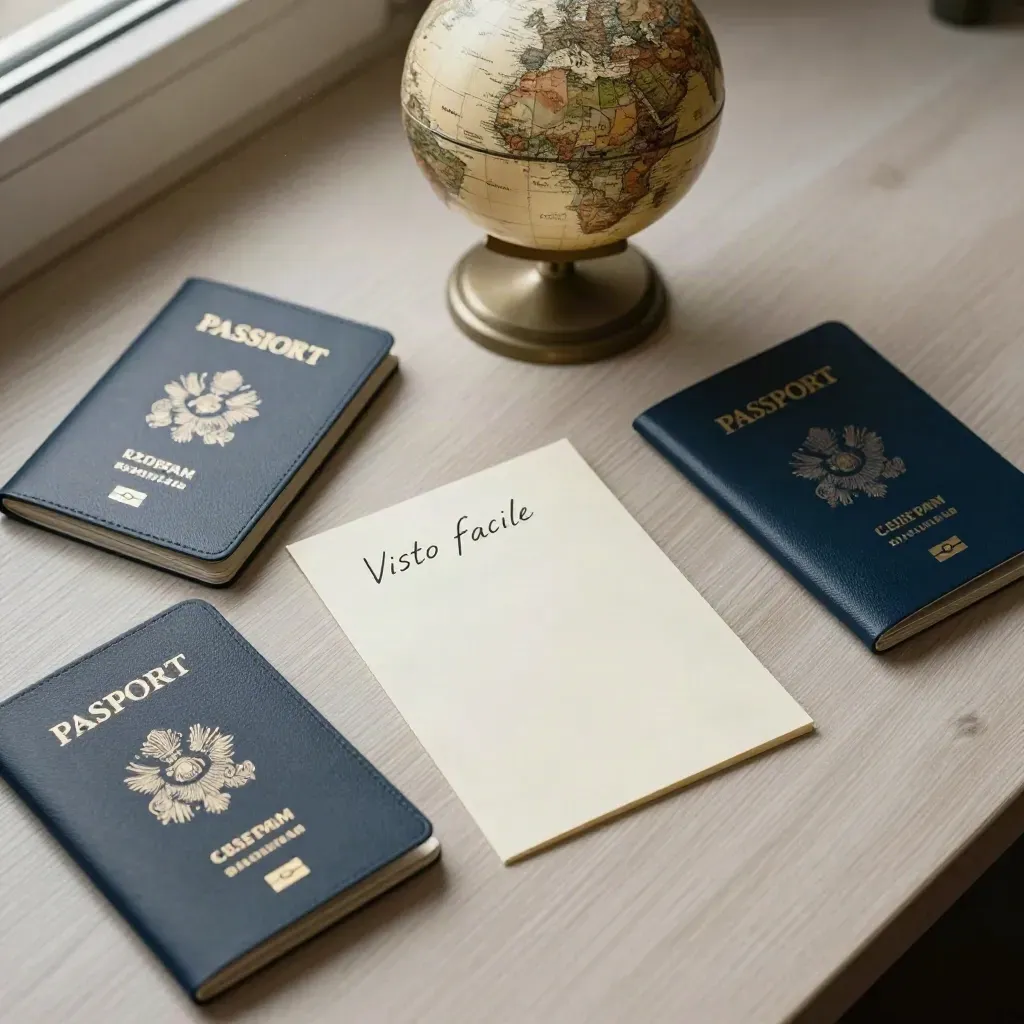 Still life dall’alto con mappamondo, passaporti e segnaposto su legno chiaro.