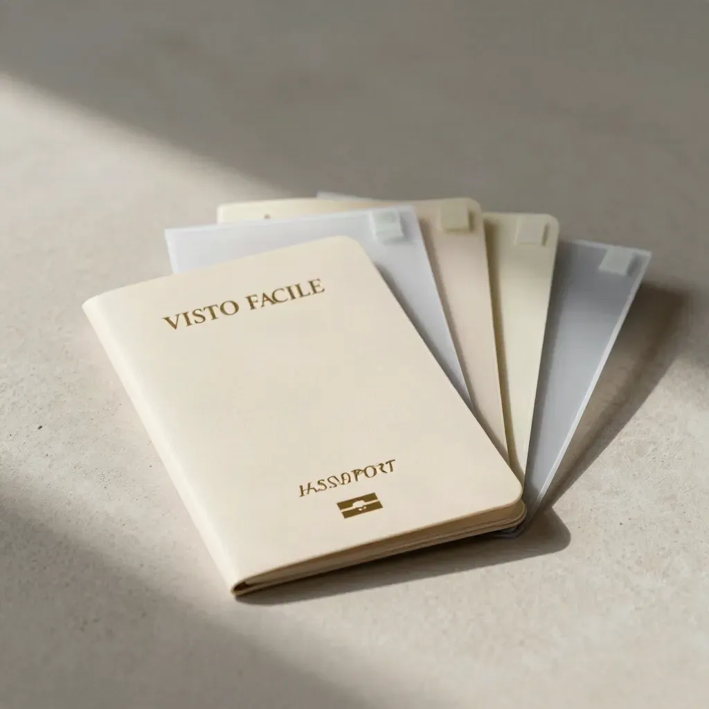 Custodia passaporto, divisori e tab di correzione su fondo chiaro, luce morbida laterale.
