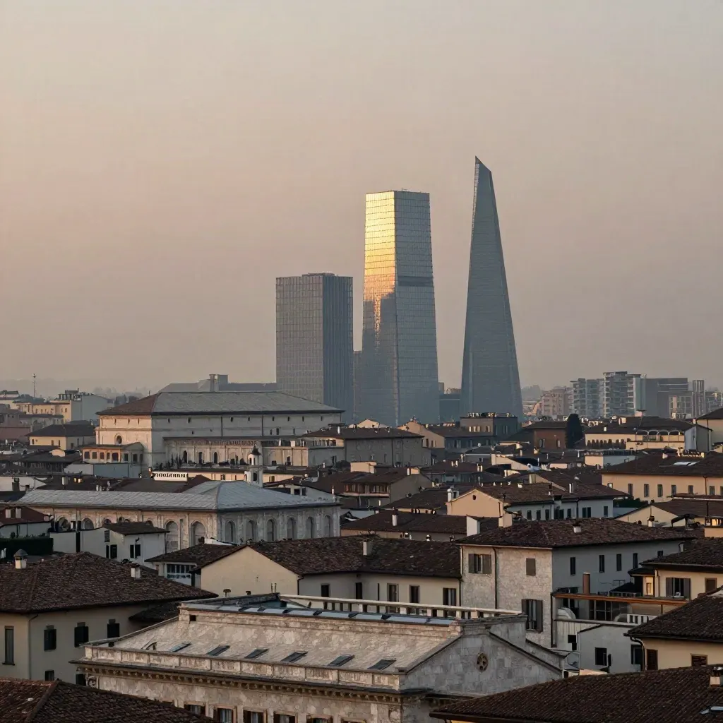 Veduta di Milano al tramonto con il Duomo e torri di vetro sopra tetti chiari nella foschia.