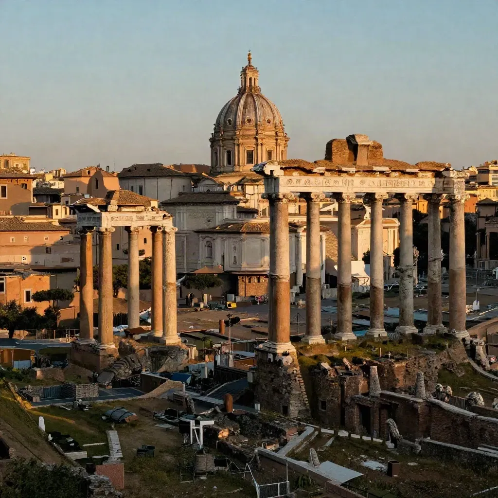Foro Romano e cupole lontane su tetti di terracotta al tramonto dorato, con ampia zona calma per il testo