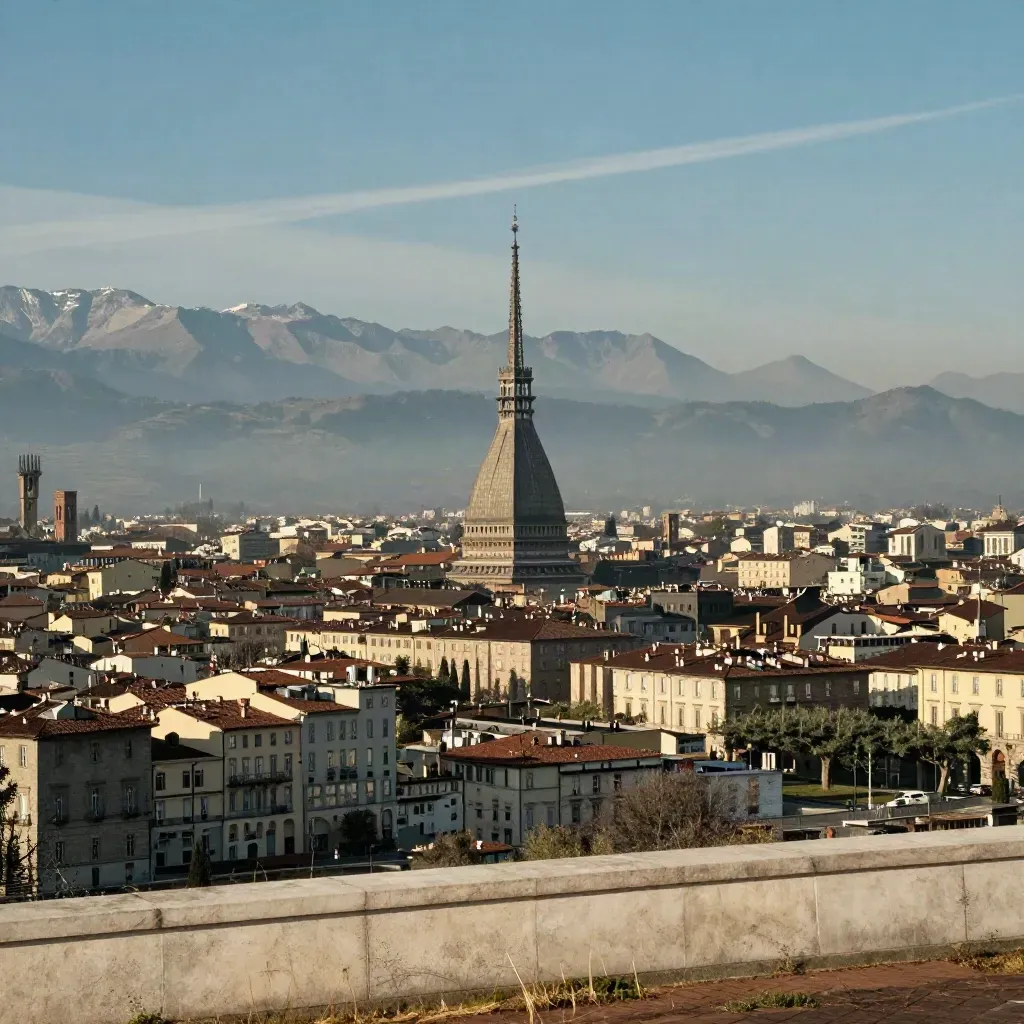 Torino in foschia con la Mole Antonelliana e le Alpi sullo sfondo, ampio spazio vuoto sotto