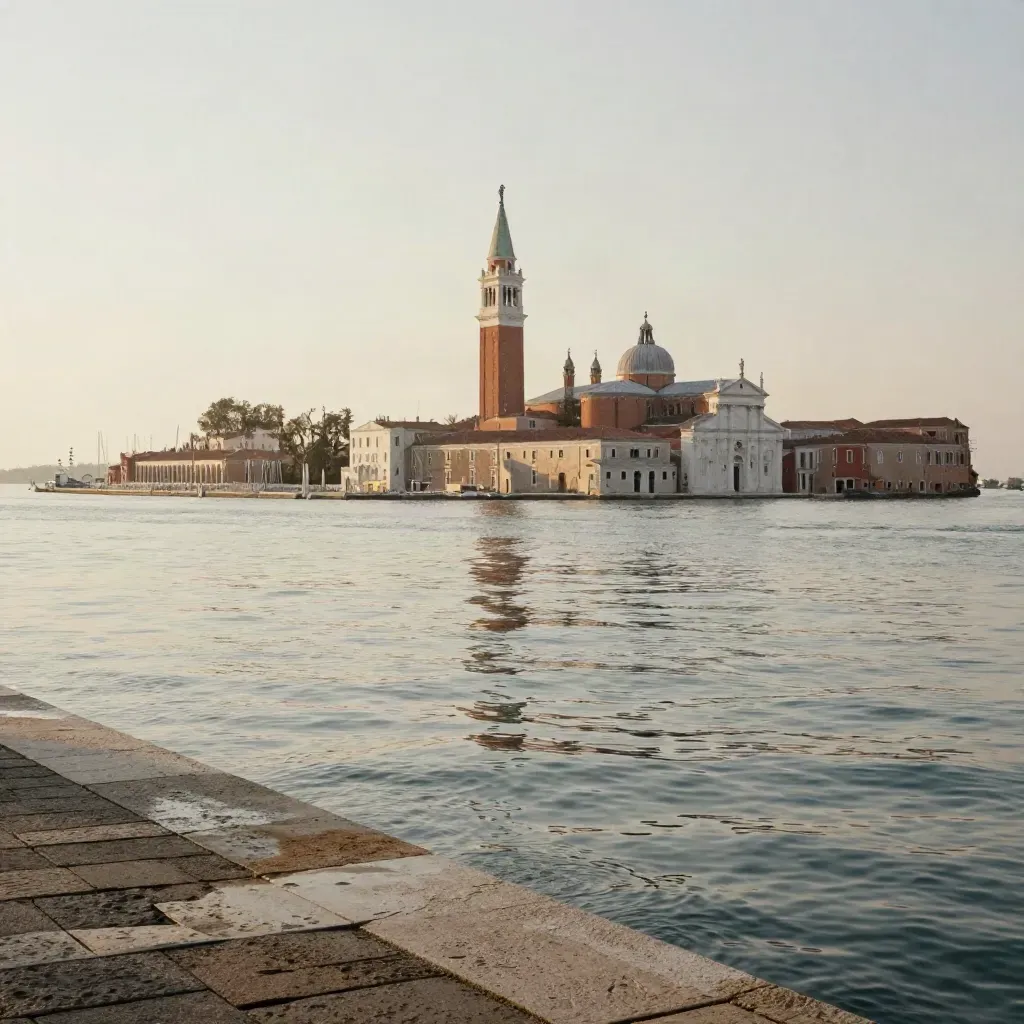 Campanile di San Marco sulla laguna di Venezia con riflessi e foschia al tramonto