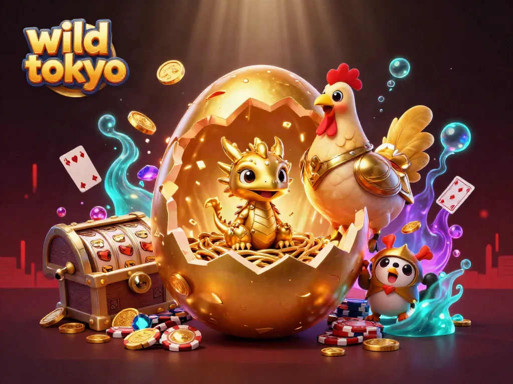 Experience thrilling gameplay at wild tokyo as a golden dragon emerges from a poker chip nest in this vibrant casino scene.